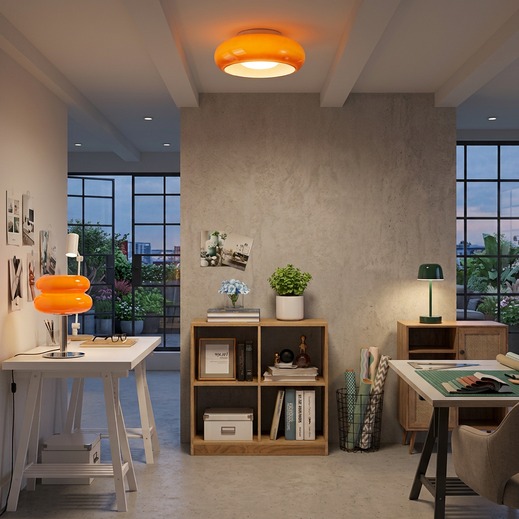 Suspension et lampes orange dans un atelier lumineux