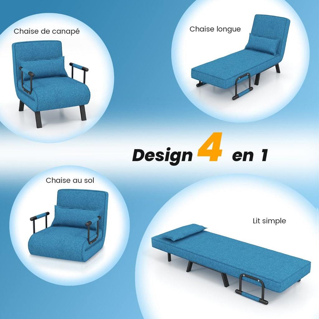 Fauteuil Convertible À Lit 1 Place Fauteuil De Salon 4-En-1 Dossier Réglable En 6 Positions Avec Oreiller 7 Couleurs Au Choix