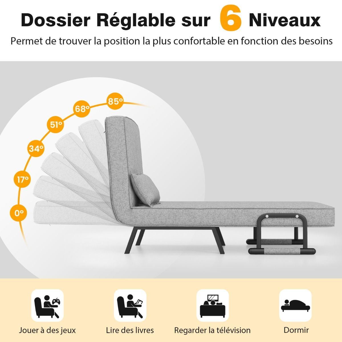Fauteuil Convertible À Lit 1 Place Fauteuil De Salon 4-En-1 Dossier Réglable En 6 Positions Avec Oreiller 7 Couleurs Au Choix