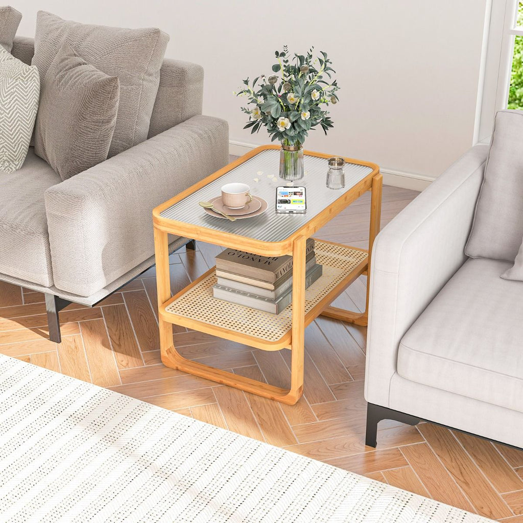 Table D'Appoint En Bambou À 2 Niveaux Plateau En Verre Table De Chevet Table Basse Compacte Pour Chambre Salon Naturel