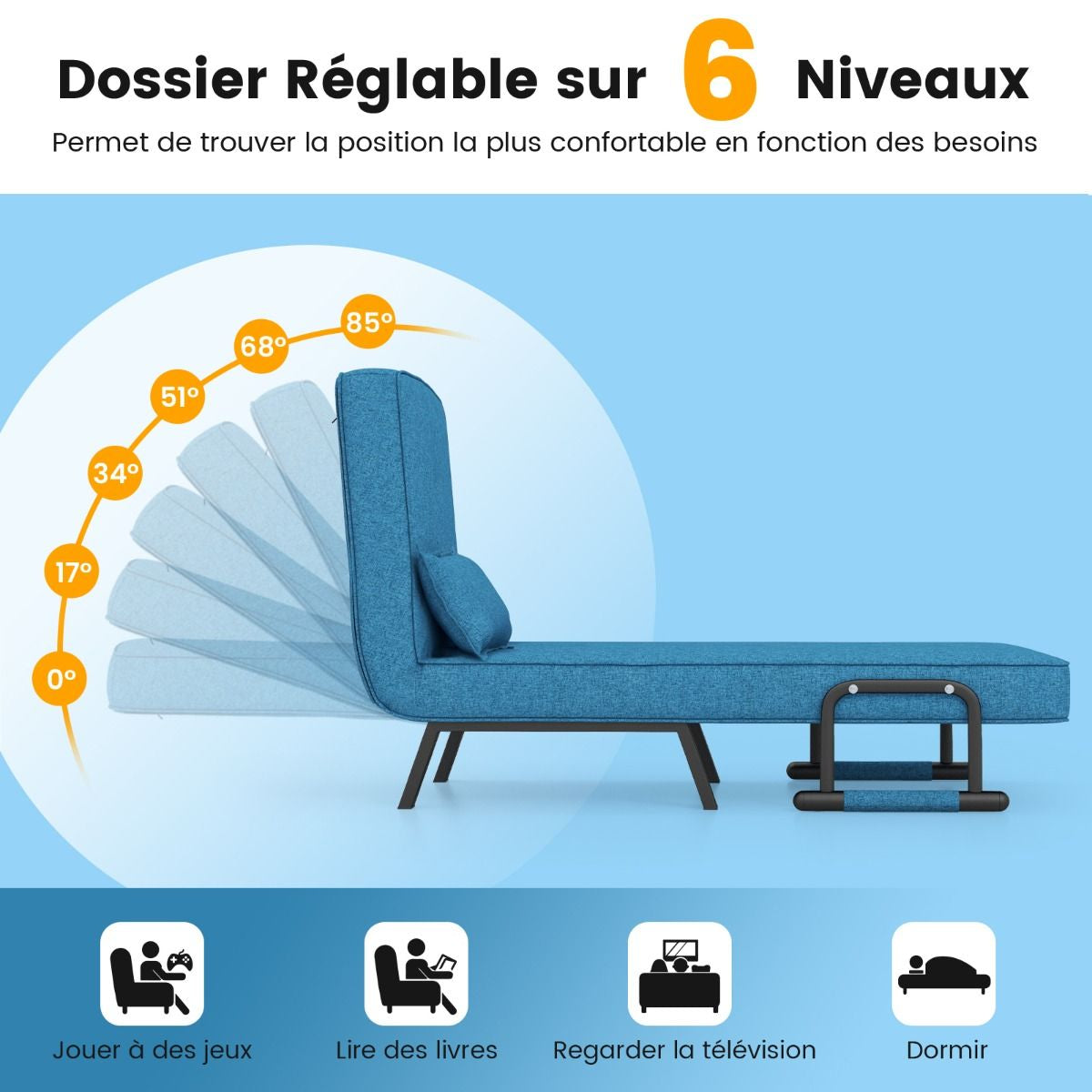 Fauteuil Convertible À Lit 1 Place Fauteuil De Salon 4-En-1 Dossier Réglable En 6 Positions Avec Oreiller 7 Couleurs Au Choix