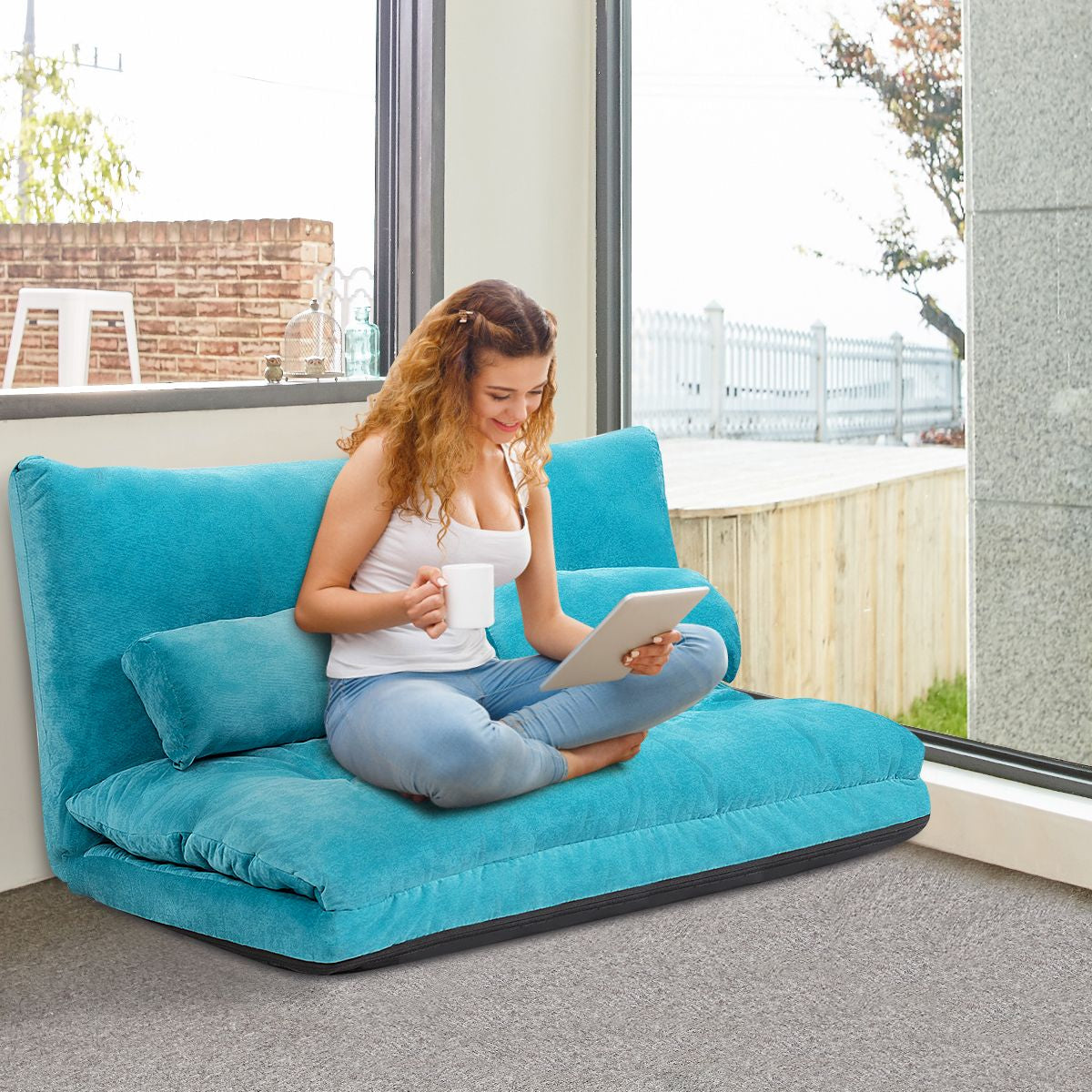 Canapé Convertible 2 Places Réglables À 6 Positions 90-180° Avec 2 Oreillers En Velours Côtelé Pour Salon Chambre Beige/Bleu/Café/Gris