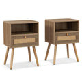 Lot De 2 Tables De Chevet En Rotin Petite Table D'Appoint Avec Tiroir 2 Tables De Nuit En Bois Table D'Appoint Compacte Multifonctionnelle Noyer