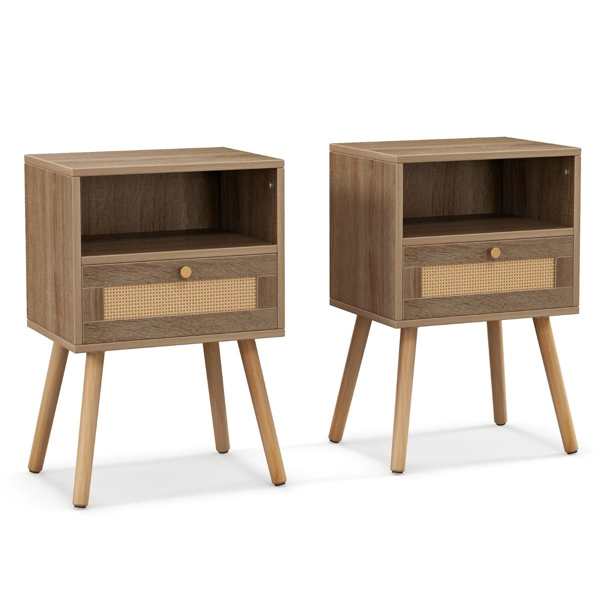 Lot De 2 Tables De Chevet En Rotin Petite Table D'Appoint Avec Tiroir 2 Tables De Nuit En Bois Table D'Appoint Compacte Multifonctionnelle Noyer