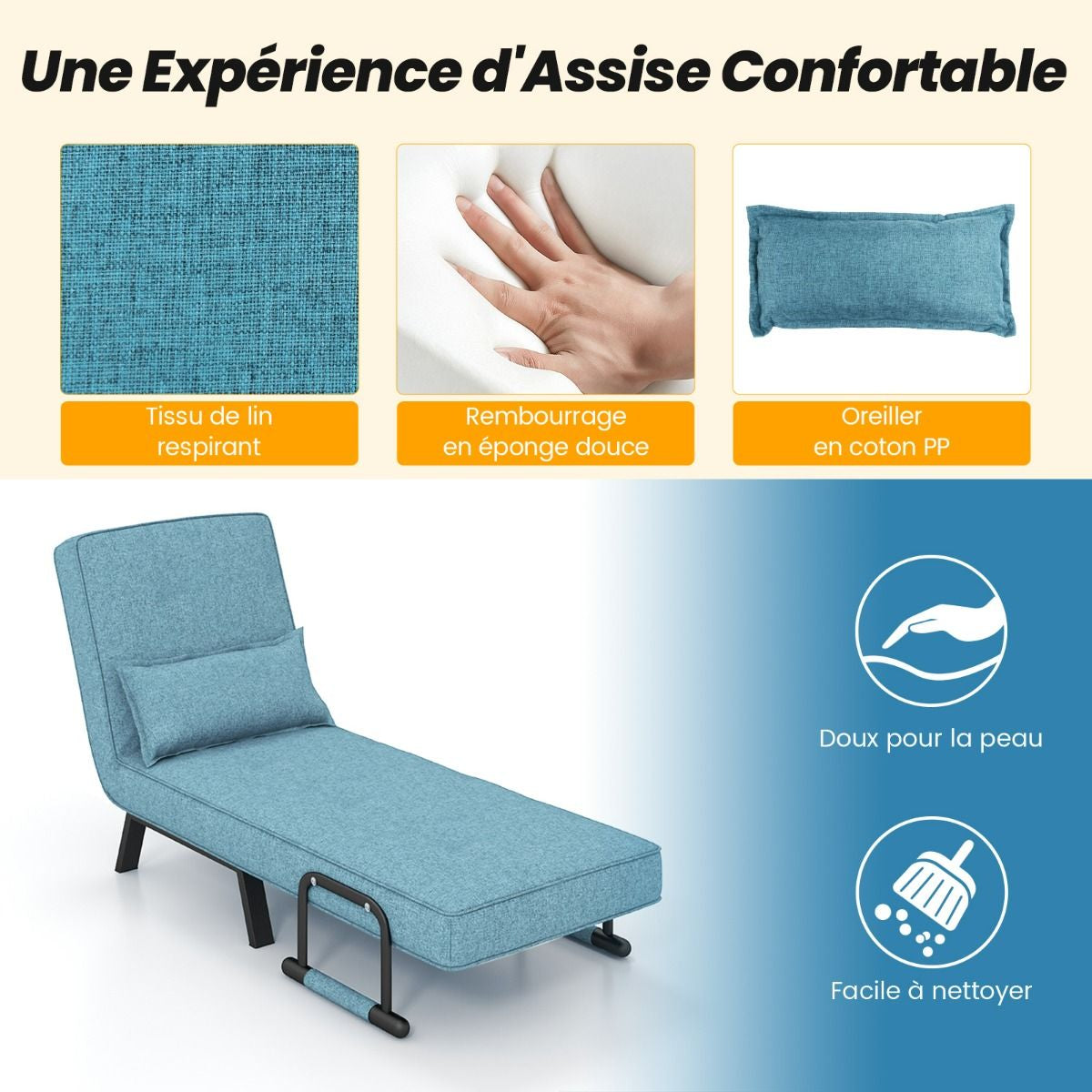 Fauteuil Convertible À Lit 1 Place Fauteuil De Salon 4-En-1 Dossier Réglable En 6 Positions Avec Oreiller 7 Couleurs Au Choix