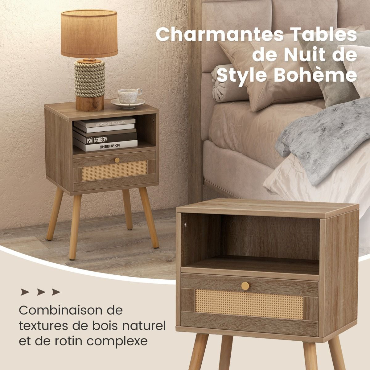 Lot De 2 Tables De Chevet En Rotin Petite Table D'Appoint Avec Tiroir 2 Tables De Nuit En Bois Table D'Appoint Compacte Multifonctionnelle Noyer