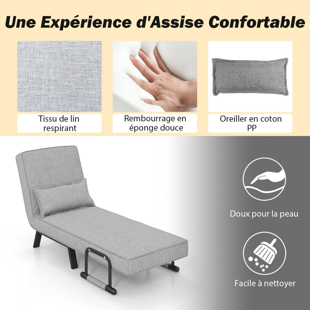 Fauteuil Convertible À Lit 1 Place Fauteuil De Salon 4-En-1 Dossier Réglable En 6 Positions Avec Oreiller 7 Couleurs Au Choix