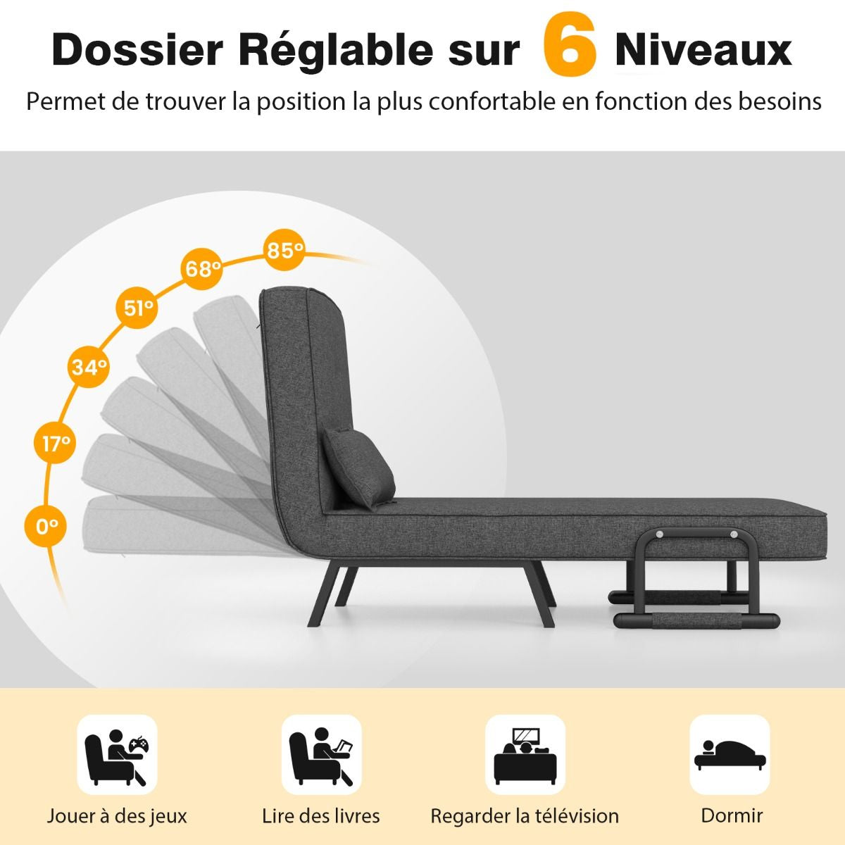 Fauteuil Convertible À Lit 1 Place Fauteuil De Salon 4-En-1 Dossier Réglable En 6 Positions Avec Oreiller 7 Couleurs Au Choix