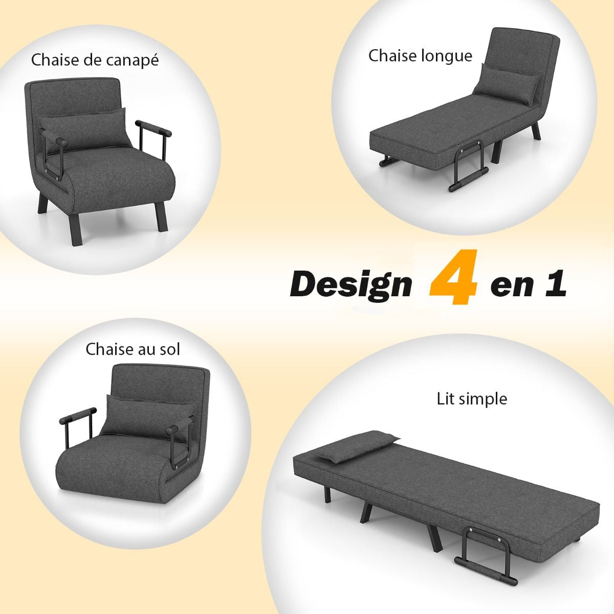 Fauteuil Convertible À Lit 1 Place Fauteuil De Salon 4-En-1 Dossier Réglable En 6 Positions Avec Oreiller 7 Couleurs Au Choix