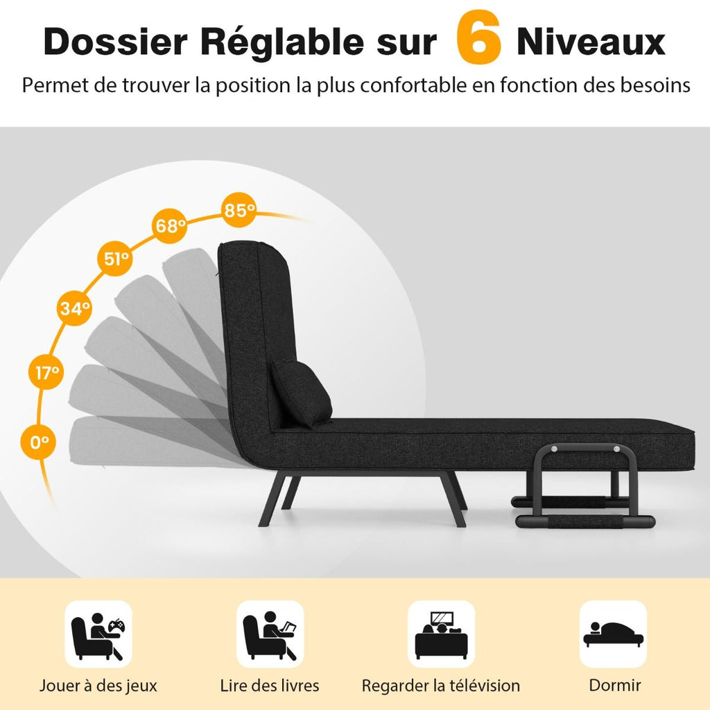 Fauteuil Convertible À Lit 1 Place Fauteuil De Salon 4-En-1 Dossier Réglable En 6 Positions Avec Oreiller 7 Couleurs Au Choix