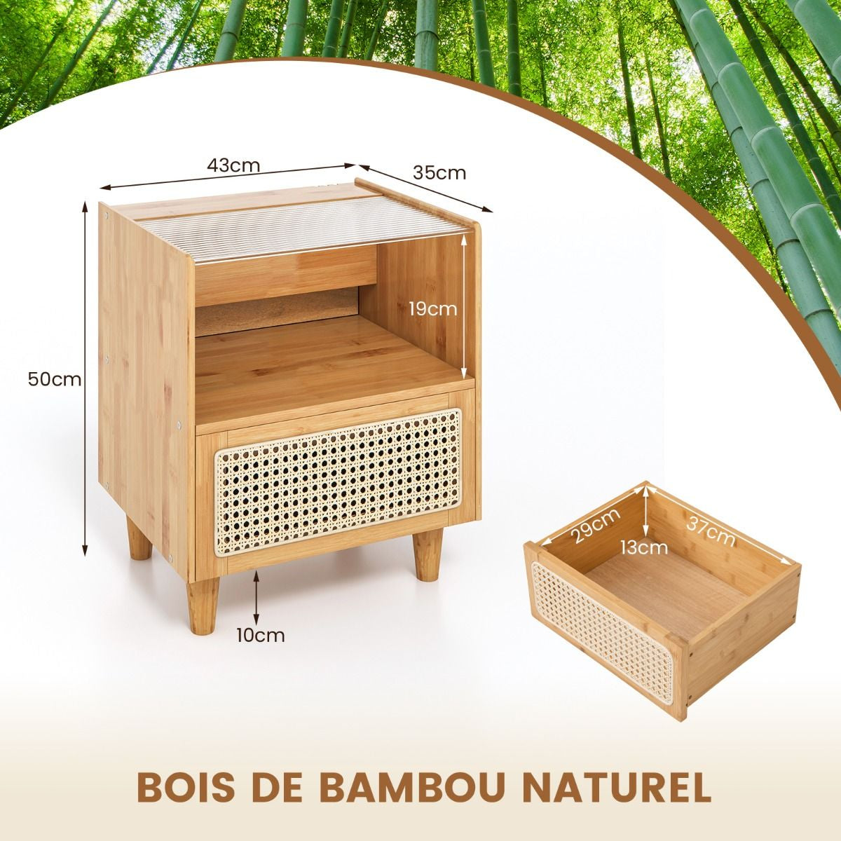 2 Tables De Chevet Avec Tiroir Table D'Appoint En Bambou Avec Plateau En Verrepieds En Bois Massif 43 X 35 X 50 Cm Brun/Naturel