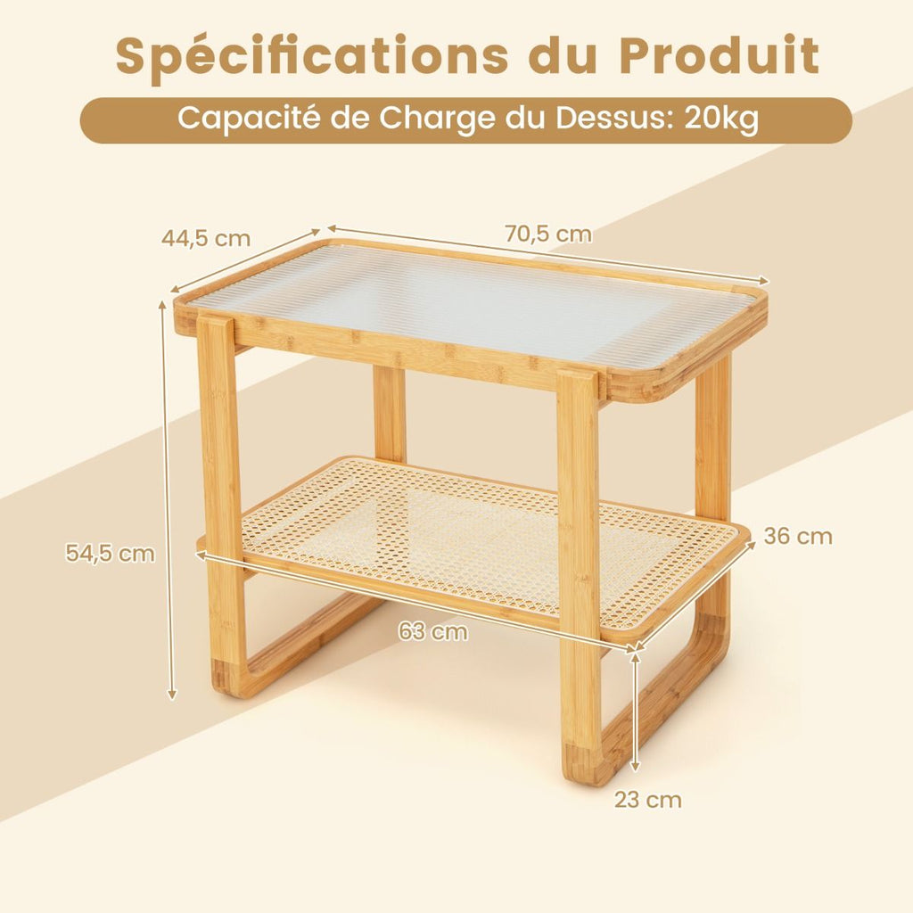 Table D'Appoint En Bambou À 2 Niveaux Plateau En Verre Table De Chevet Table Basse Compacte Pour Chambre Salon Naturel