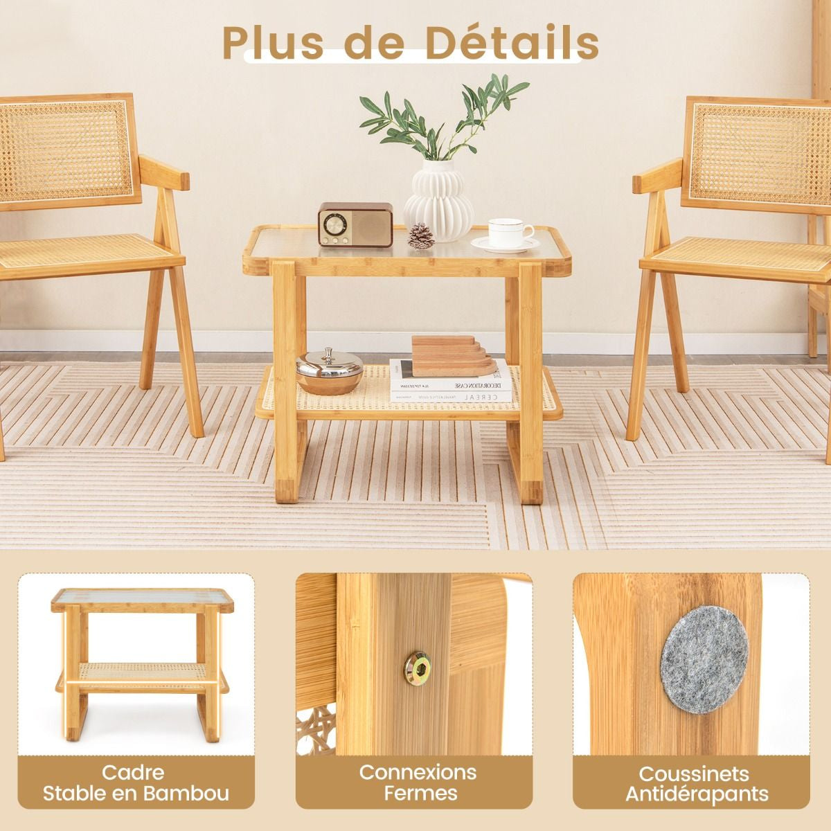 Table D'Appoint En Bambou À 2 Niveaux Plateau En Verre Table De Chevet Table Basse Compacte Pour Chambre Salon Naturel