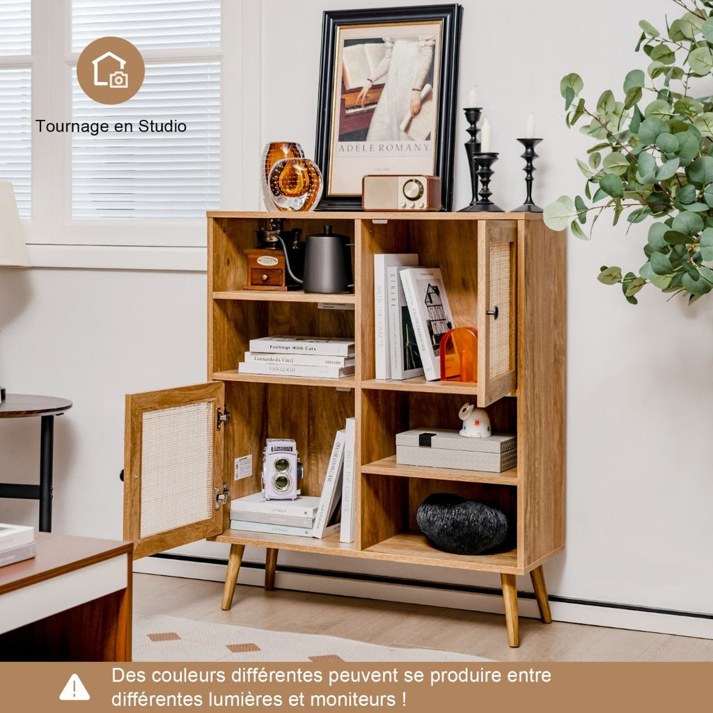 Buffet Cuisine Meuble De Rangement Avec 2 Placards 4 Compartiments Porte Cannage Pieds En Bois Massif 80 X 29,5 X 97 Cm