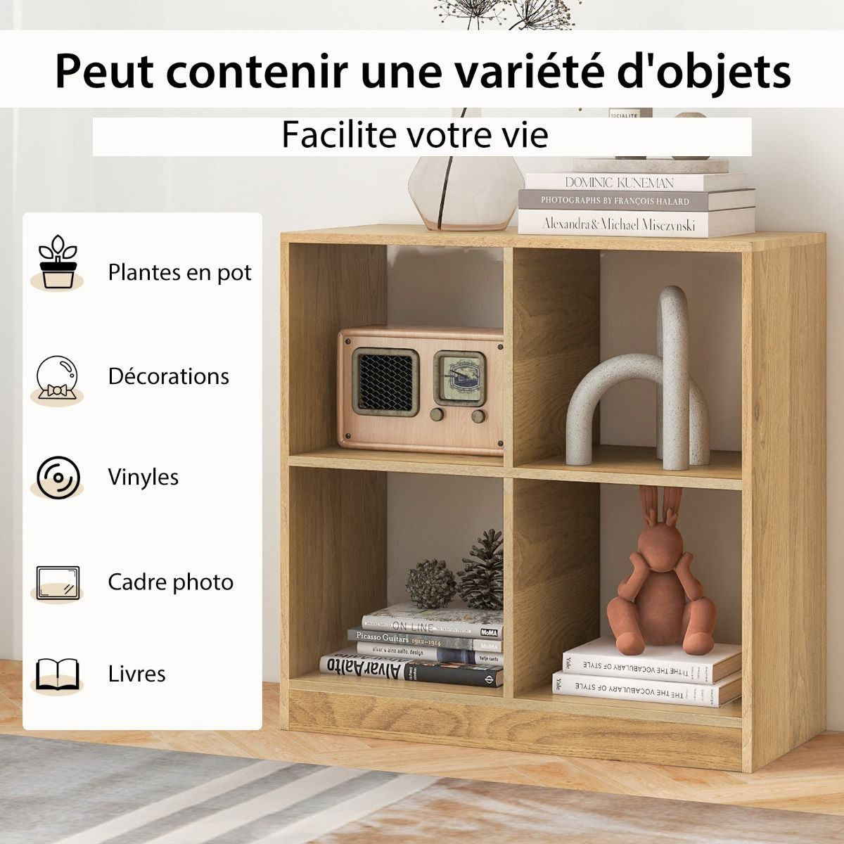 Bibliothèque Étagère Rangement À 3 Niveaux Avec 4 Compartiments Ouverts Meuble Cube De Rangement En Bois 73 X 33 X 73Cm Noir/Blanc/Naturel