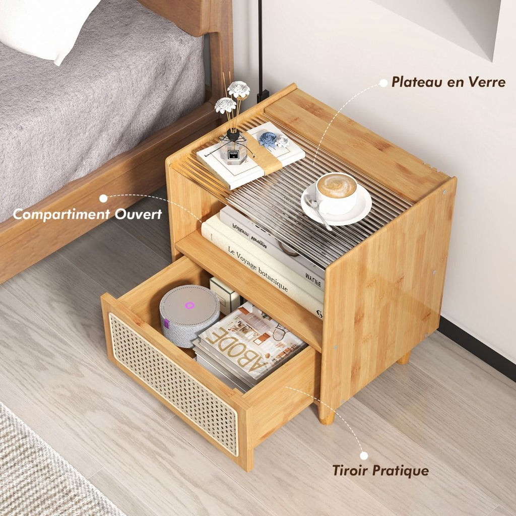 2 Tables De Chevet Avec Tiroir Table D'Appoint En Bambou Avec Plateau En Verrepieds En Bois Massif 43 X 35 X 50 Cm Brun/Naturel