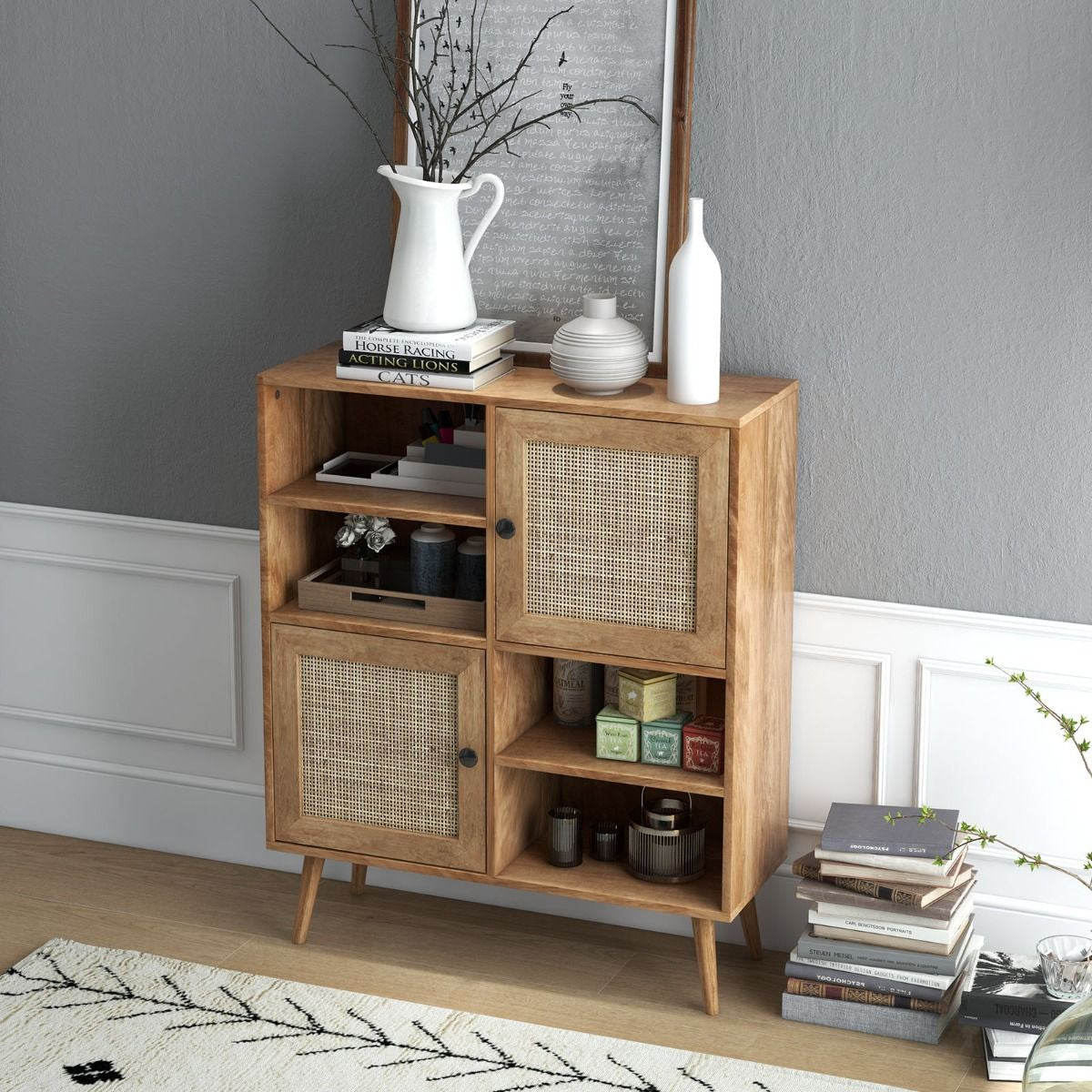Buffet Cuisine Meuble De Rangement Avec 2 Placards 4 Compartiments Porte Cannage Pieds En Bois Massif 80 X 29,5 X 97 Cm
