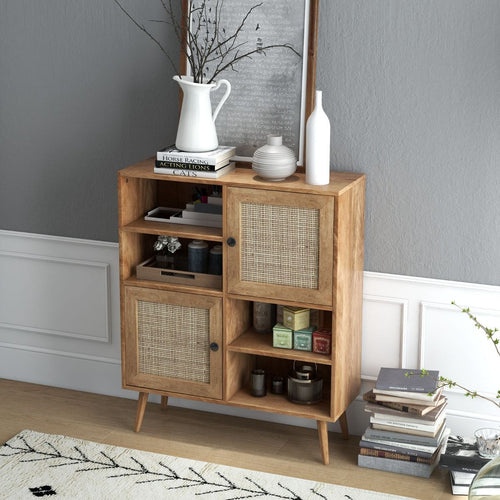 Buffet Cuisine Meuble De Rangement Avec 2 Placards 4 Compartiments Porte Cannage Pieds En Bois Massif 80 X 29,5 X 97 Cm