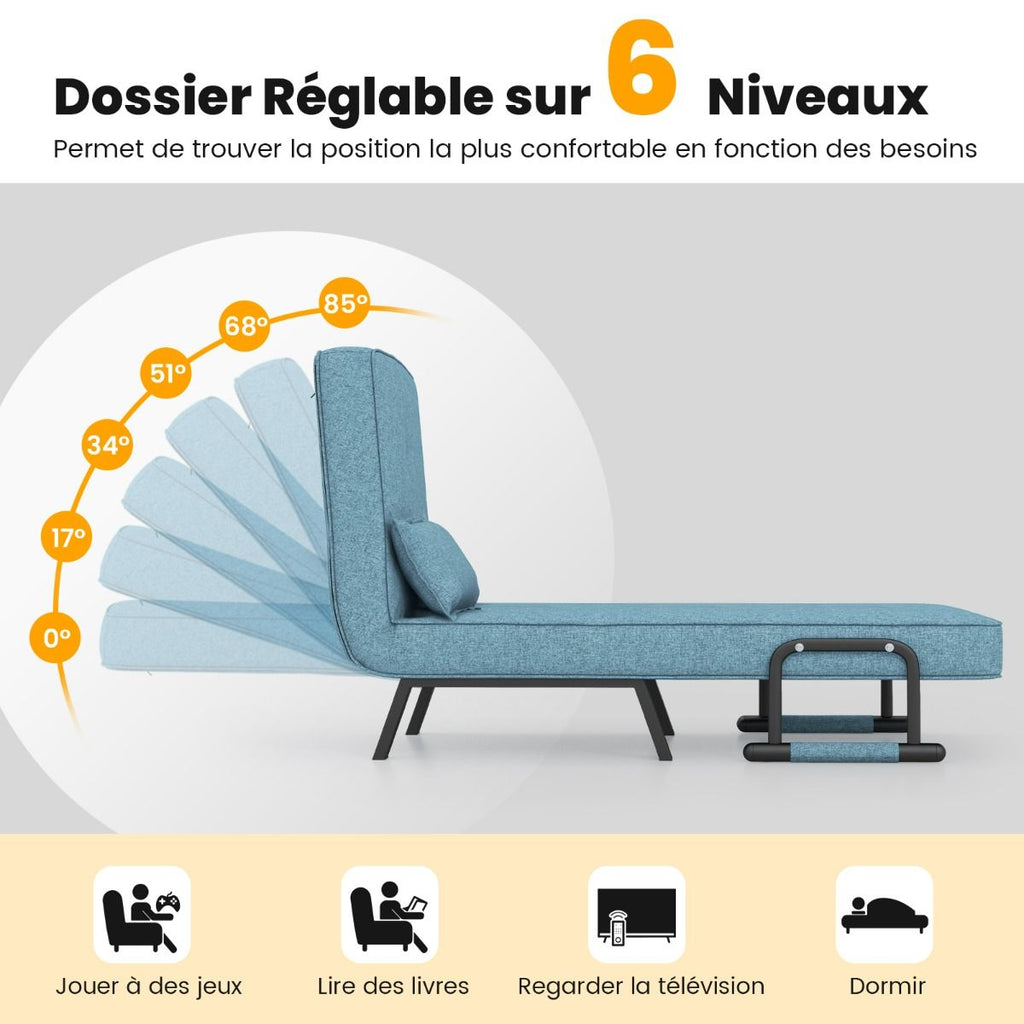 Fauteuil Convertible À Lit 1 Place Fauteuil De Salon 4-En-1 Dossier Réglable En 6 Positions Avec Oreiller 7 Couleurs Au Choix