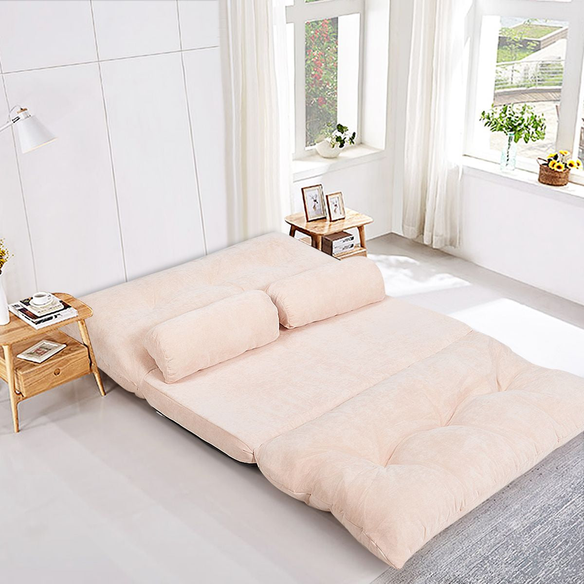 Canapé Convertible 2 Places Réglables À 6 Positions 90-180° Avec 2 Oreillers En Velours Côtelé Pour Salon Chambre Beige/Bleu/Café/Gris