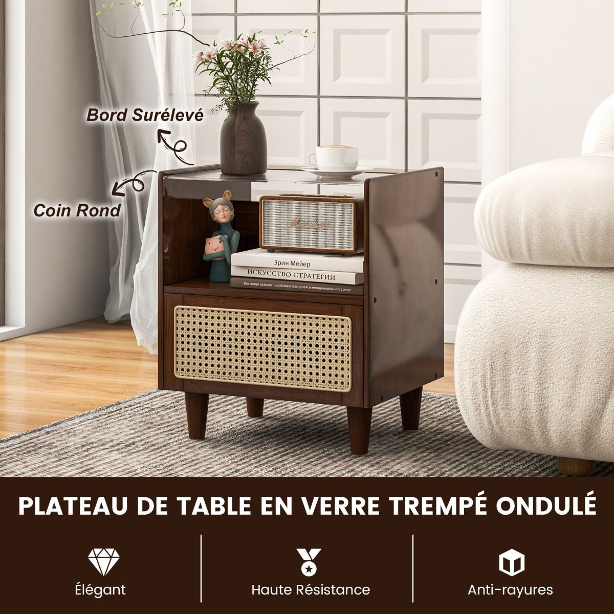 2 Tables De Chevet Avec Tiroir Table D'Appoint En Bambou Avec Plateau En Verrepieds En Bois Massif 43 X 35 X 50 Cm Brun/Naturel