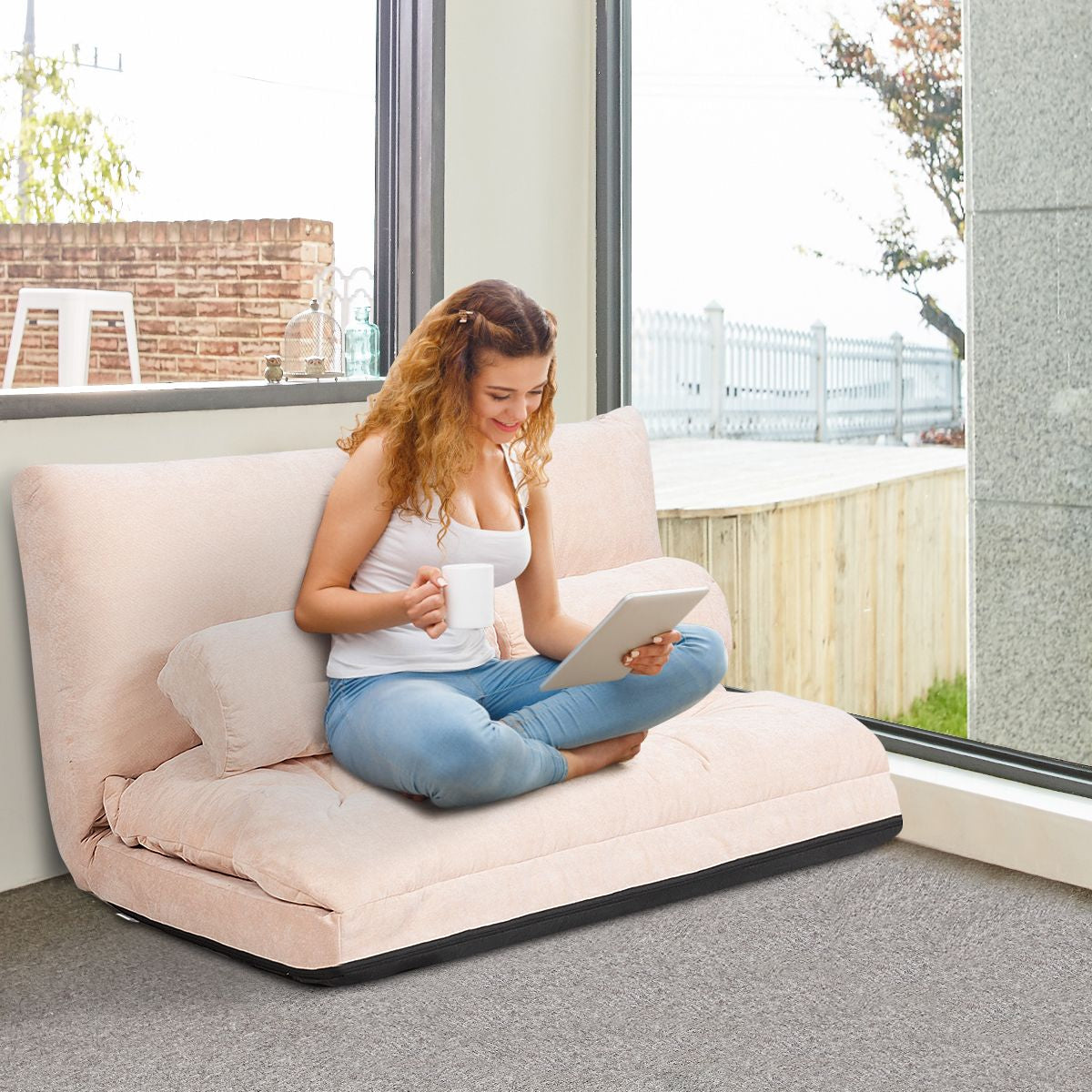 Canapé Convertible 2 Places Réglables À 6 Positions 90-180° Avec 2 Oreillers En Velours Côtelé Pour Salon Chambre Beige/Bleu/Café/Gris