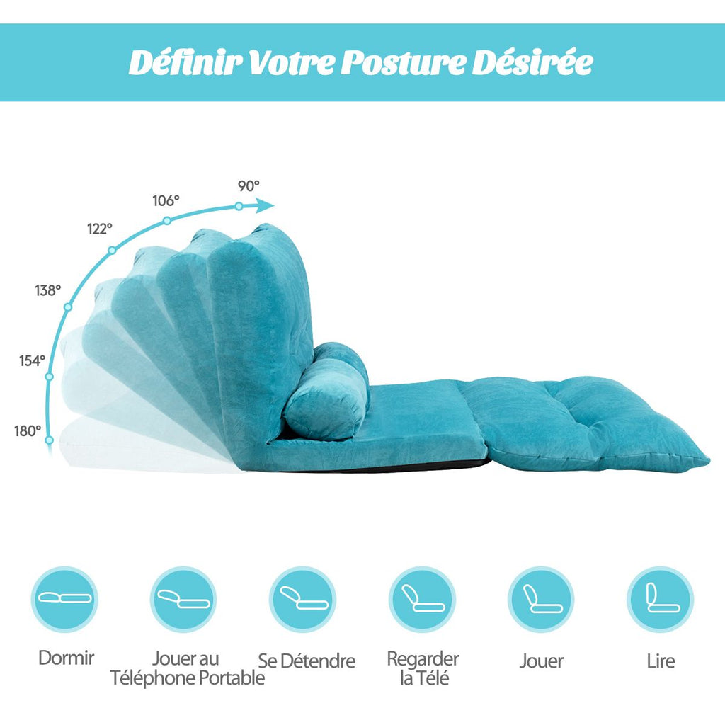 Canapé Convertible 2 Places Réglables À 6 Positions 90-180° Avec 2 Oreillers En Velours Côtelé Pour Salon Chambre Beige/Bleu/Café/Gris