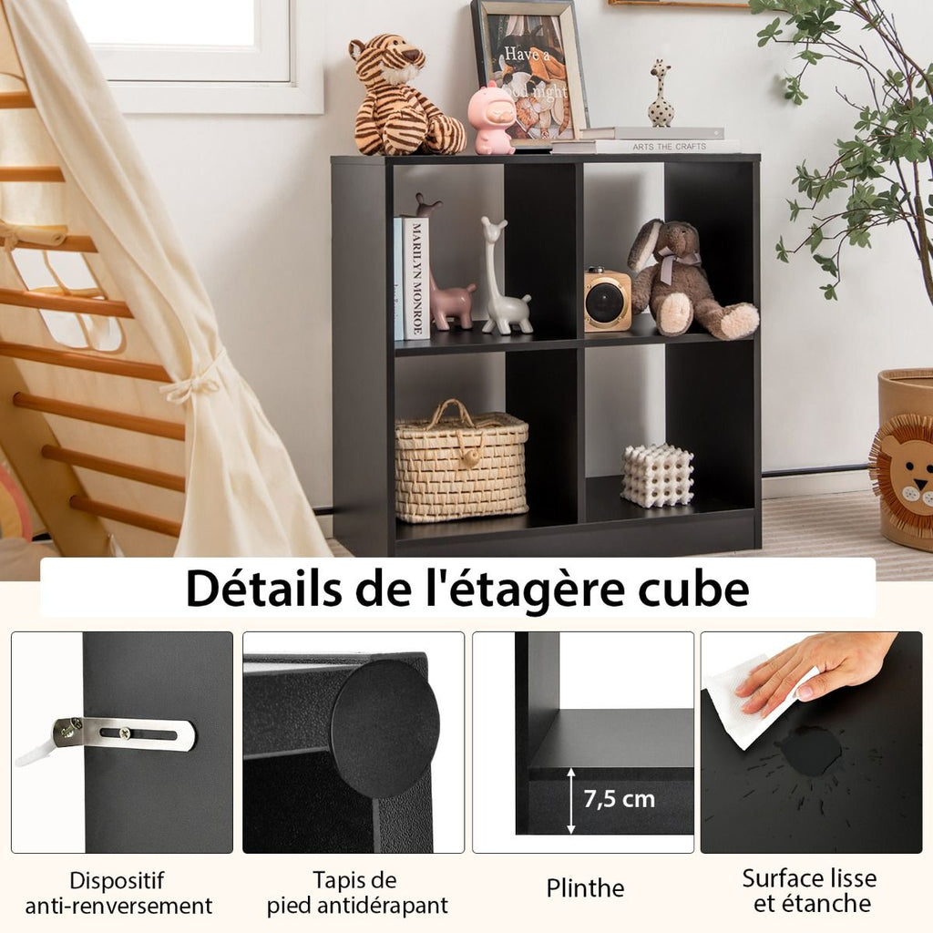 Bibliothèque Étagère Rangement À 3 Niveaux Avec 4 Compartiments Ouverts Meuble Cube De Rangement En Bois 73 X 33 X 73Cm Noir/Blanc/Naturel