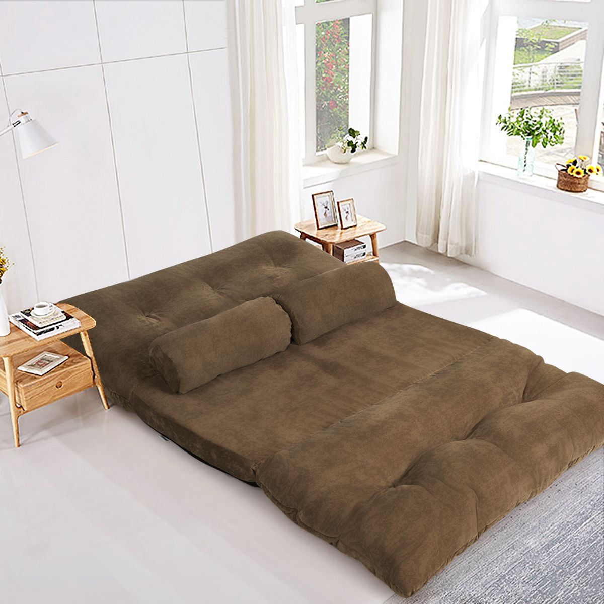 Canapé Convertible 2 Places Réglables À 6 Positions 90-180° Avec 2 Oreillers En Velours Côtelé Pour Salon Chambre Beige/Bleu/Café/Gris