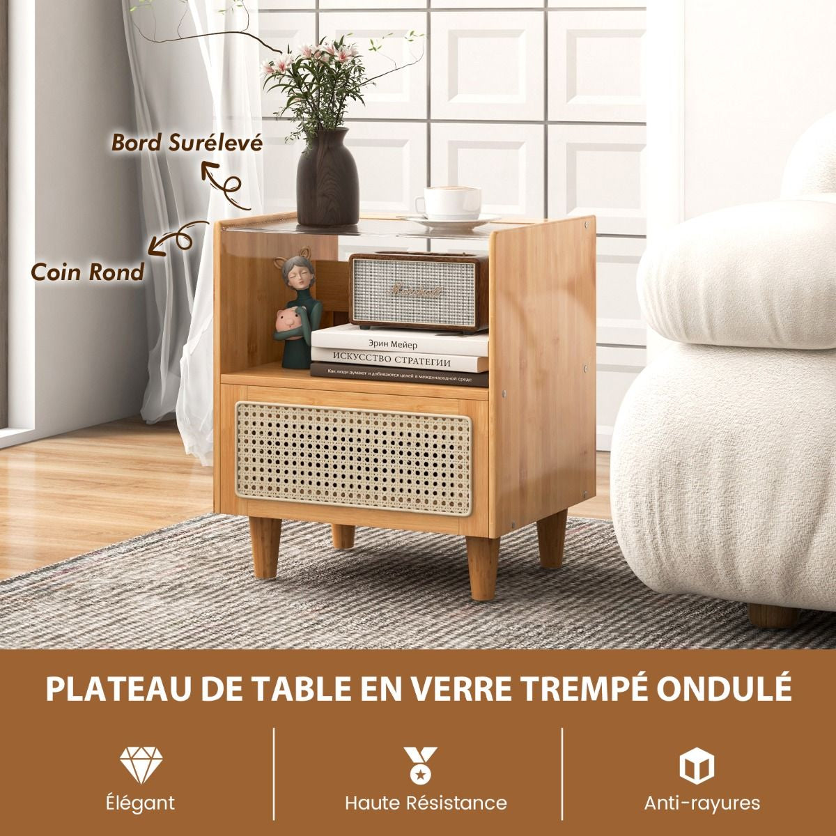 2 Tables De Chevet Avec Tiroir Table D'Appoint En Bambou Avec Plateau En Verrepieds En Bois Massif 43 X 35 X 50 Cm Brun/Naturel
