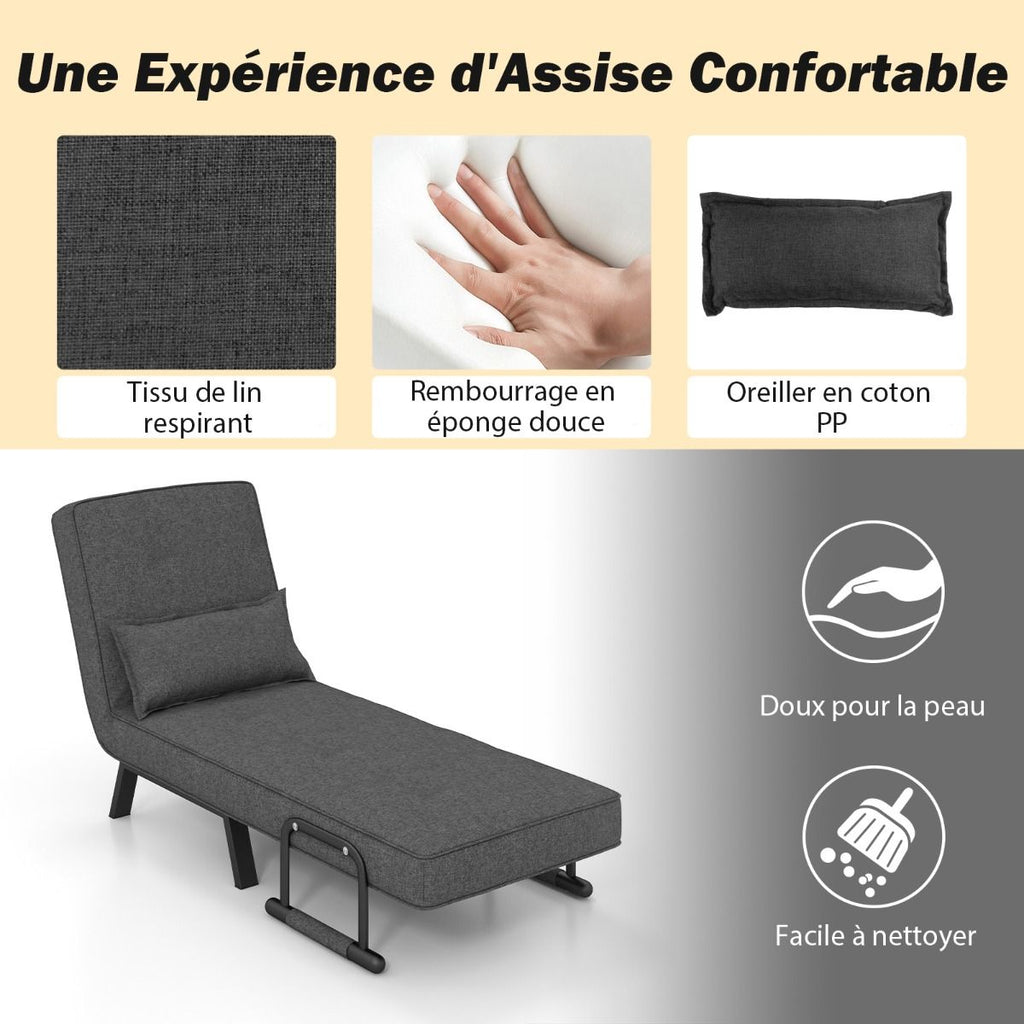 Fauteuil Convertible À Lit 1 Place Fauteuil De Salon 4-En-1 Dossier Réglable En 6 Positions Avec Oreiller 7 Couleurs Au Choix