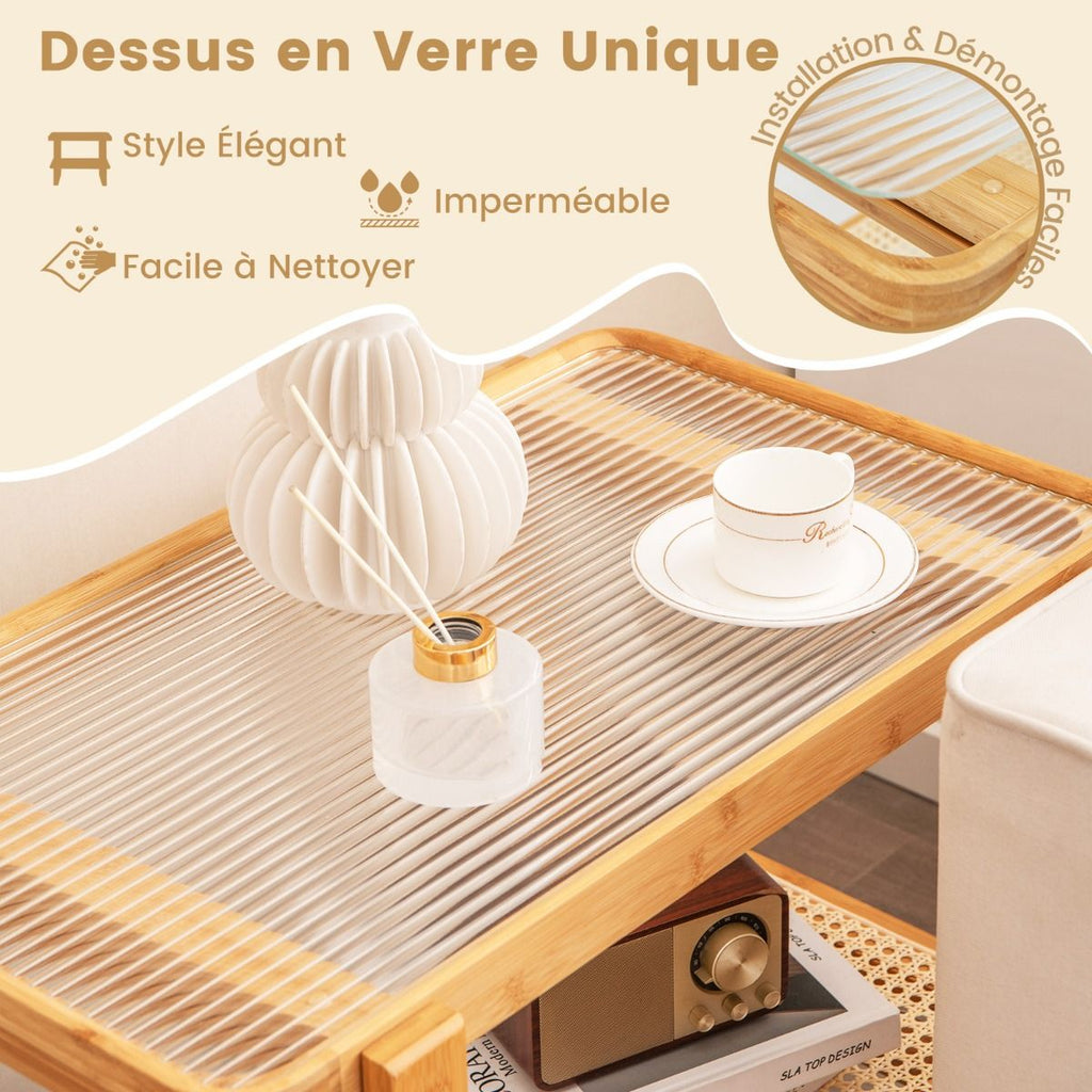 Table D'Appoint En Bambou À 2 Niveaux Plateau En Verre Table De Chevet Table Basse Compacte Pour Chambre Salon Naturel