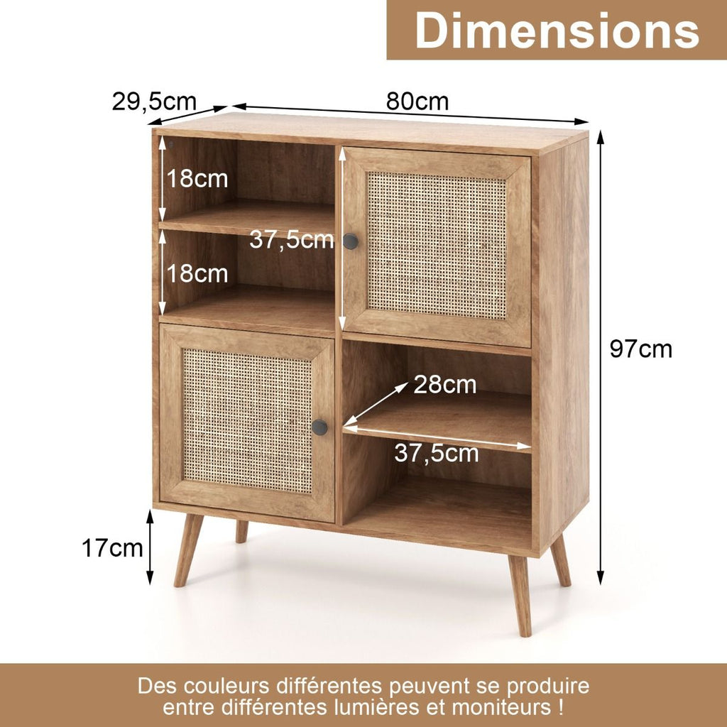 Buffet Cuisine Meuble De Rangement Avec 2 Placards 4 Compartiments Porte Cannage Pieds En Bois Massif 80 X 29,5 X 97 Cm