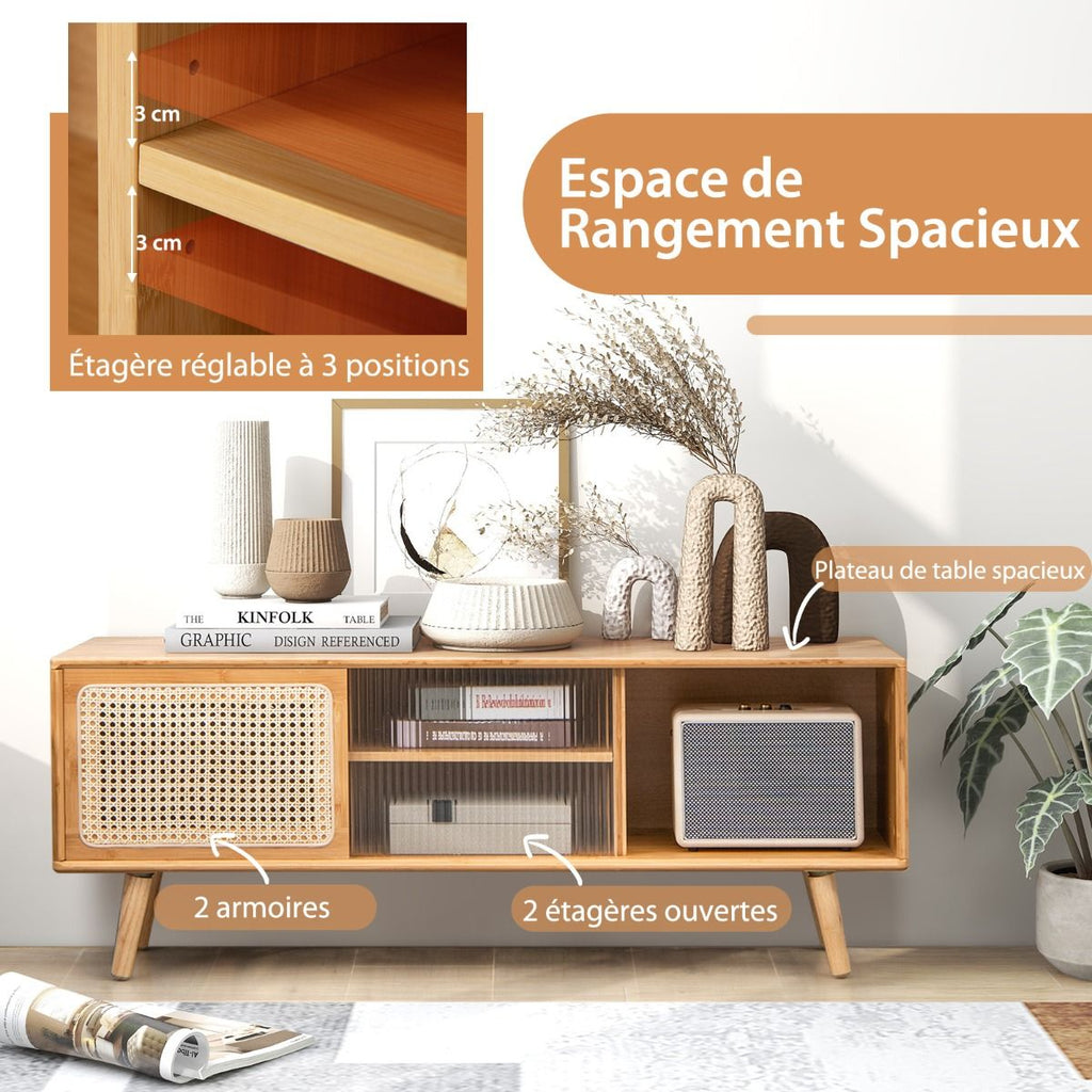 Meuble TV En Bambou Avec 4 Compartiments Pour TV 55" Au Max Banc TV À 4 Pieds En Bois Massif 2 Portes Coulissantes En Rotin Et Verre Trempé 120,5X31X45,5Cm