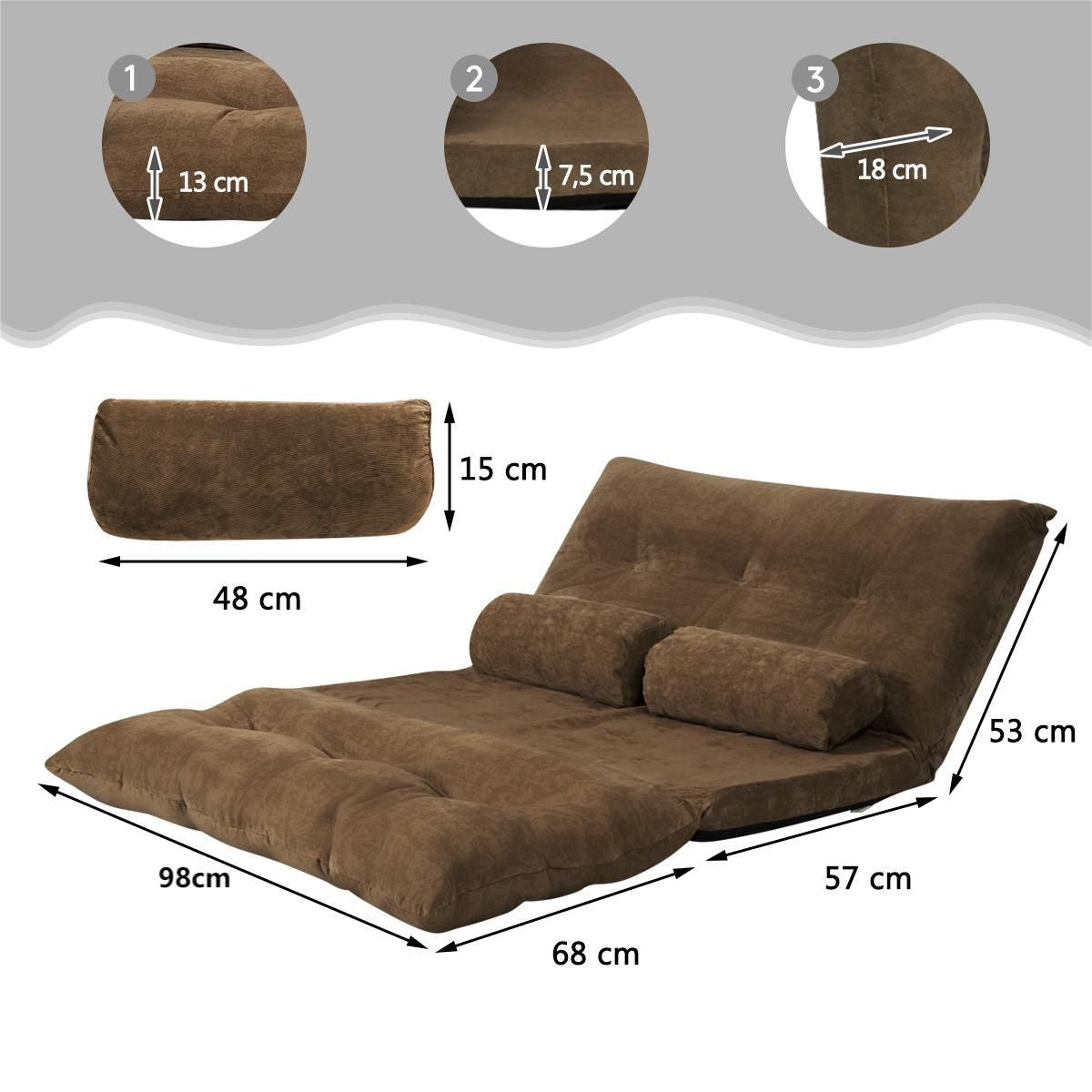Canapé Convertible 2 Places Réglables À 6 Positions 90-180° Avec 2 Oreillers En Velours Côtelé Pour Salon Chambre Beige/Bleu/Café/Gris