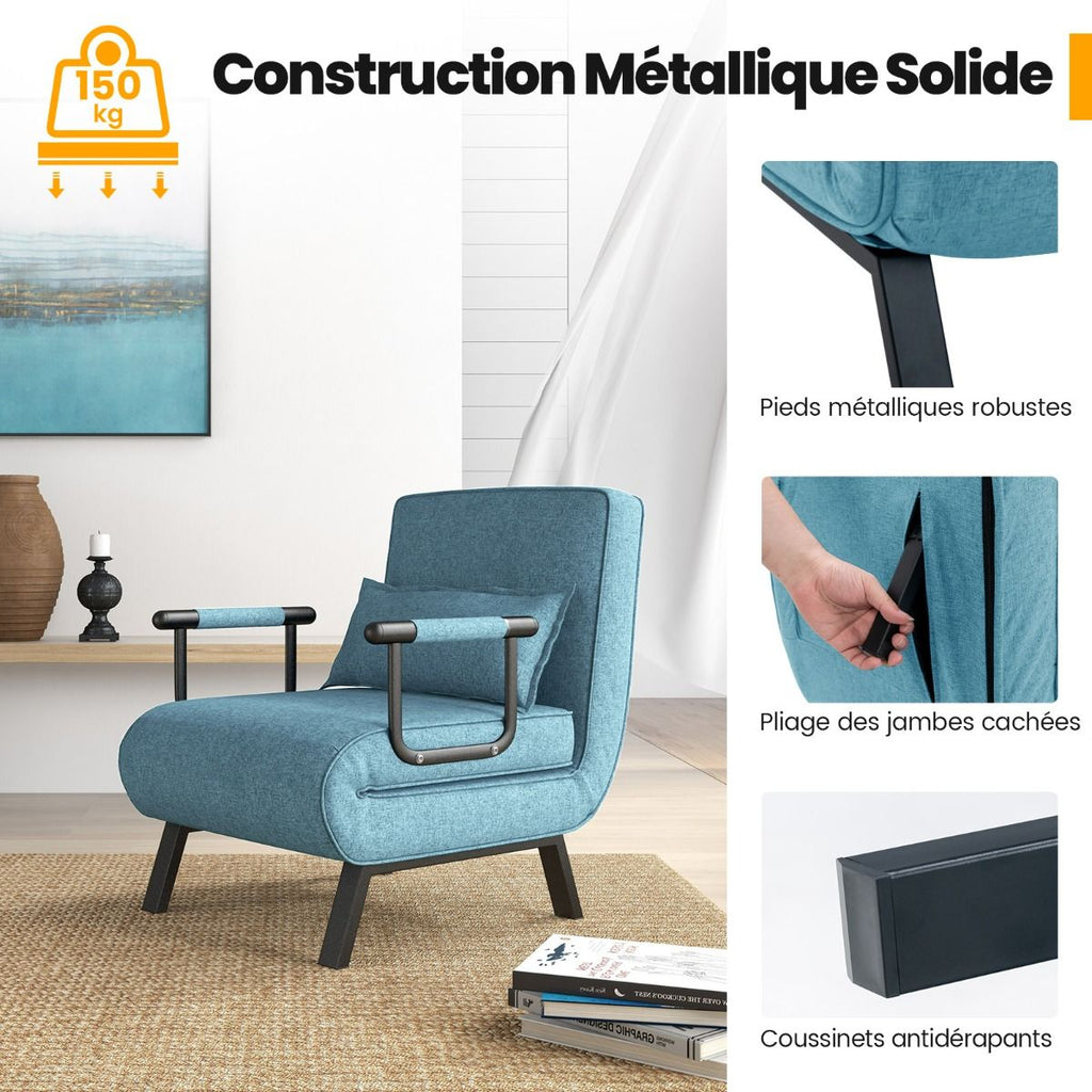 Fauteuil Convertible À Lit 1 Place Fauteuil De Salon 4-En-1 Dossier Réglable En 6 Positions Avec Oreiller 7 Couleurs Au Choix