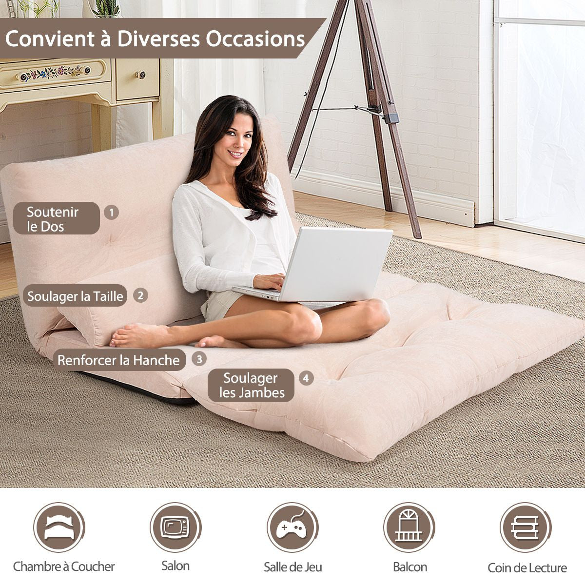 Canapé Convertible 2 Places Réglables À 6 Positions 90-180° Avec 2 Oreillers En Velours Côtelé Pour Salon Chambre Beige/Bleu/Café/Gris