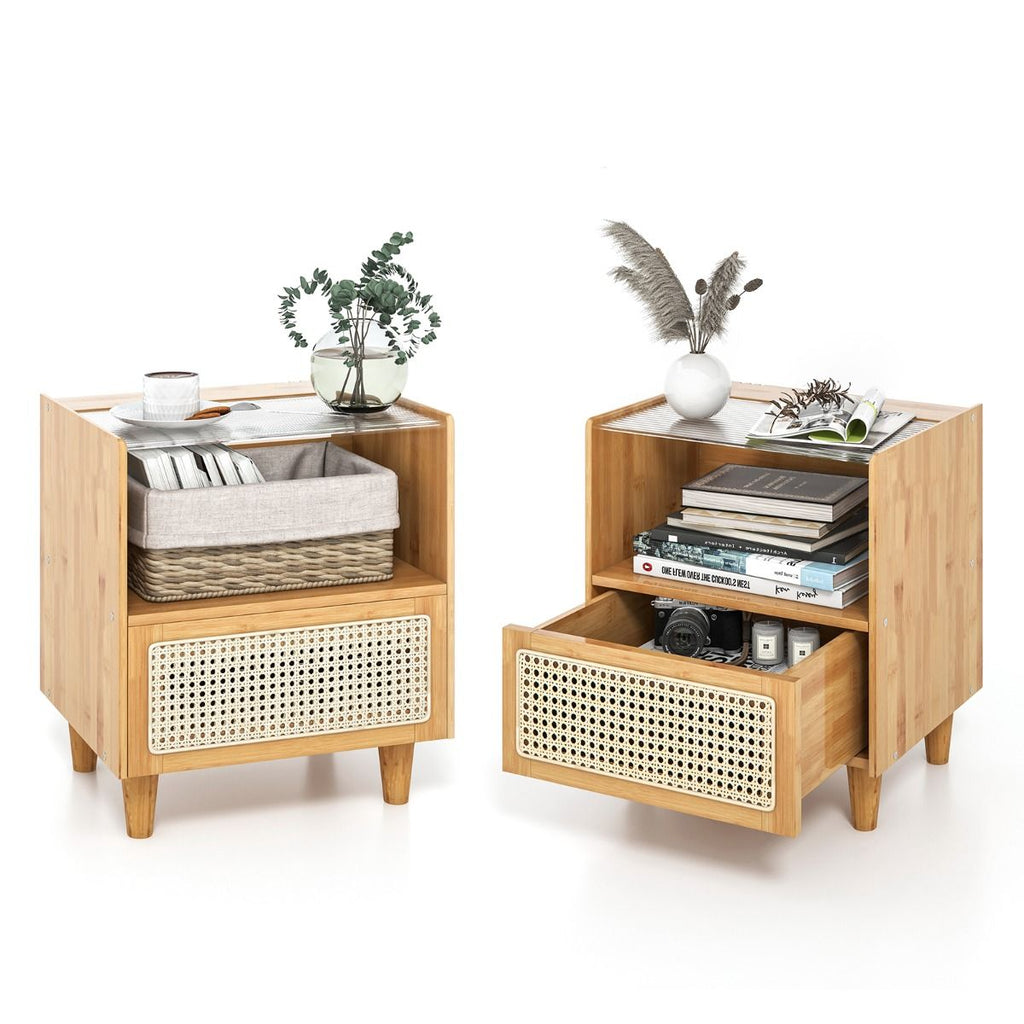 2 Tables De Chevet Avec Tiroir Table D'Appoint En Bambou Avec Plateau En Verrepieds En Bois Massif 43 X 35 X 50 Cm Brun/Naturel