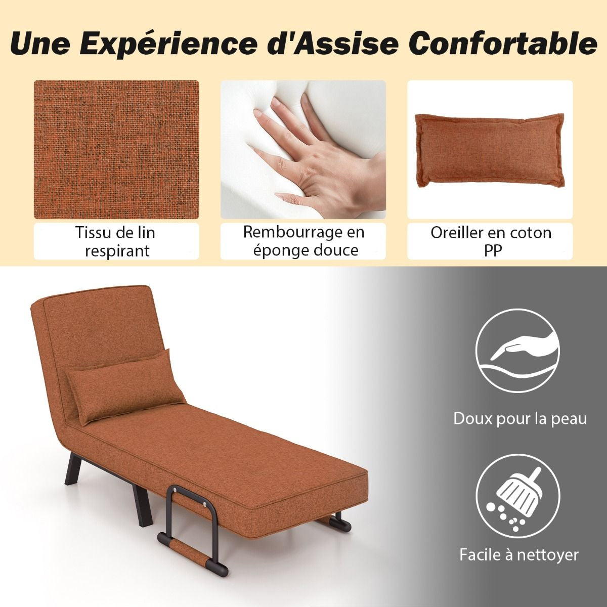 Fauteuil Convertible À Lit 1 Place Fauteuil De Salon 4-En-1 Dossier Réglable En 6 Positions Avec Oreiller 7 Couleurs Au Choix