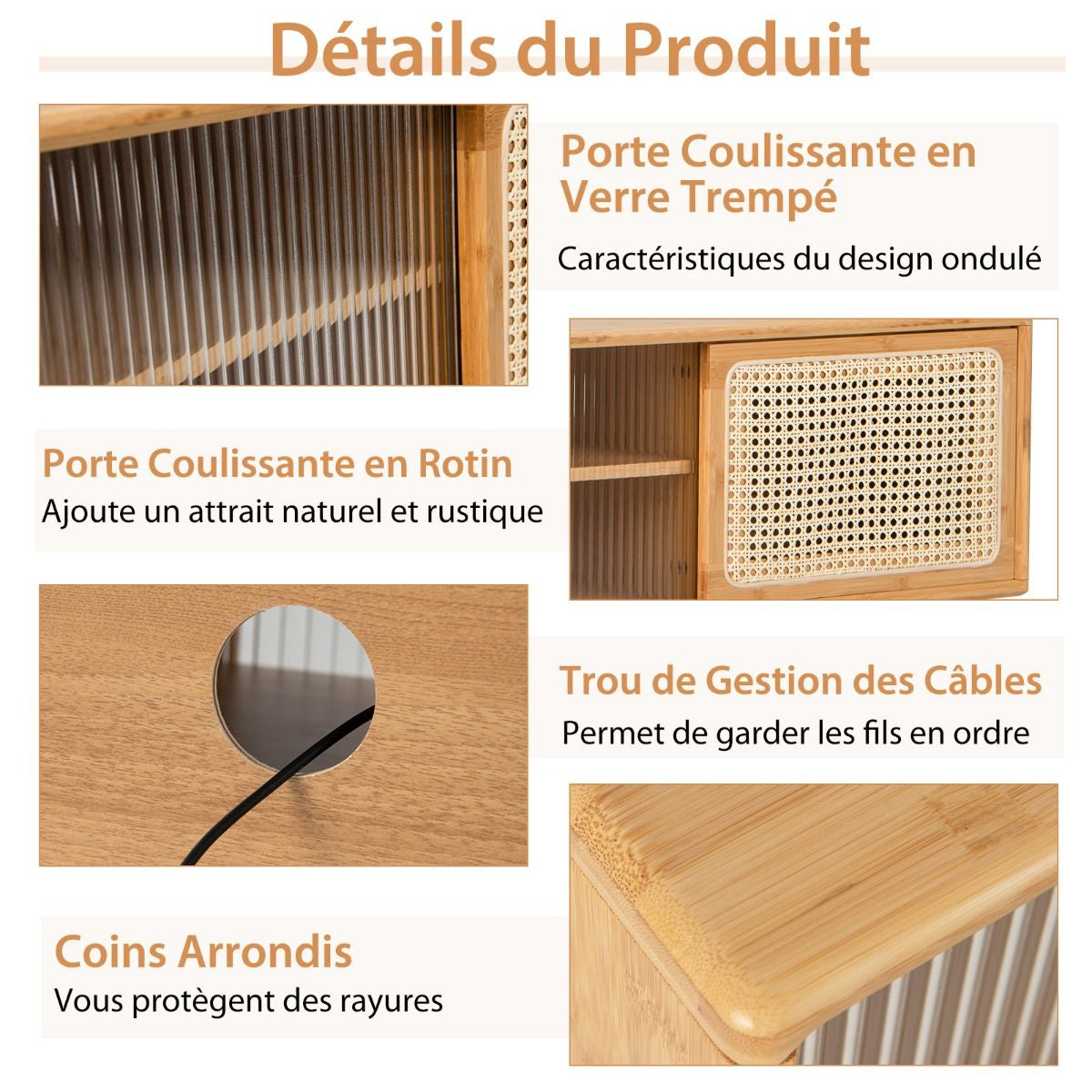 Meuble TV En Bambou Avec 4 Compartiments Pour TV 55" Au Max Banc TV À 4 Pieds En Bois Massif 2 Portes Coulissantes En Rotin Et Verre Trempé 120,5X31X45,5Cm