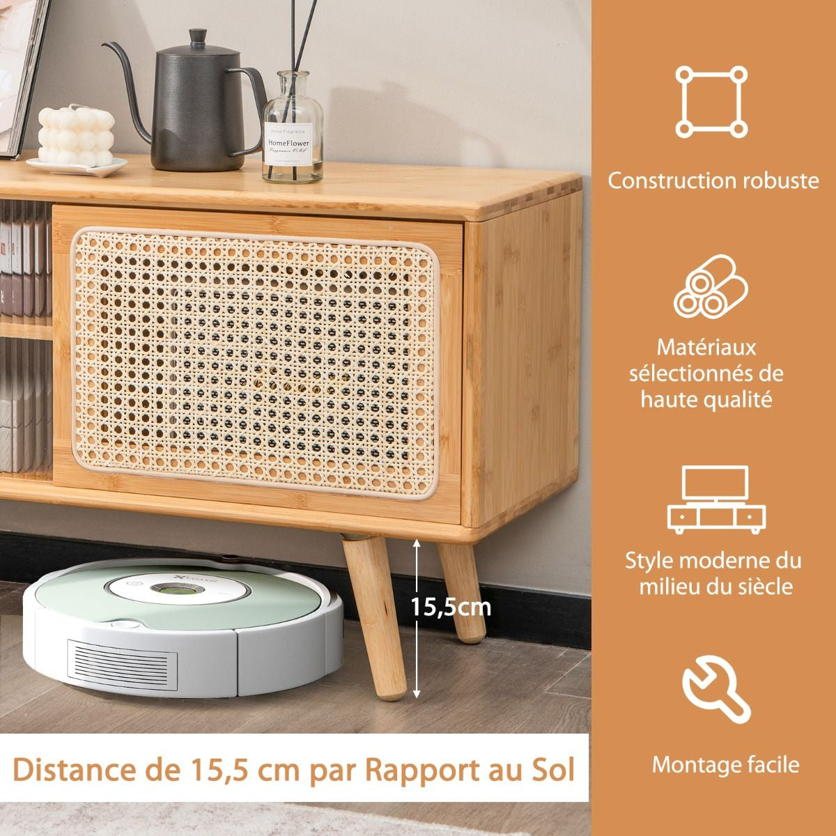 Meuble TV En Bambou Avec 4 Compartiments Pour TV 55" Au Max Banc TV À 4 Pieds En Bois Massif 2 Portes Coulissantes En Rotin Et Verre Trempé 120,5X31X45,5Cm