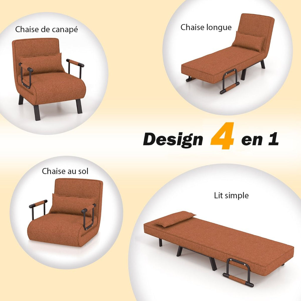 Fauteuil Convertible À Lit 1 Place Fauteuil De Salon 4-En-1 Dossier Réglable En 6 Positions Avec Oreiller 7 Couleurs Au Choix