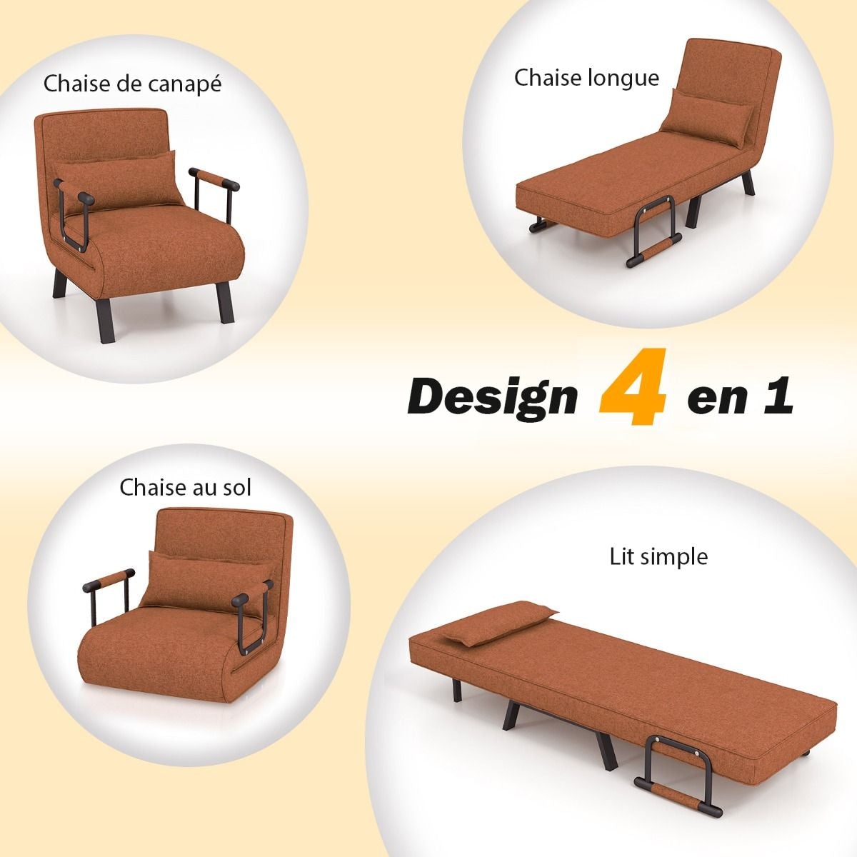 Fauteuil Convertible À Lit 1 Place Fauteuil De Salon 4-En-1 Dossier Réglable En 6 Positions Avec Oreiller 7 Couleurs Au Choix