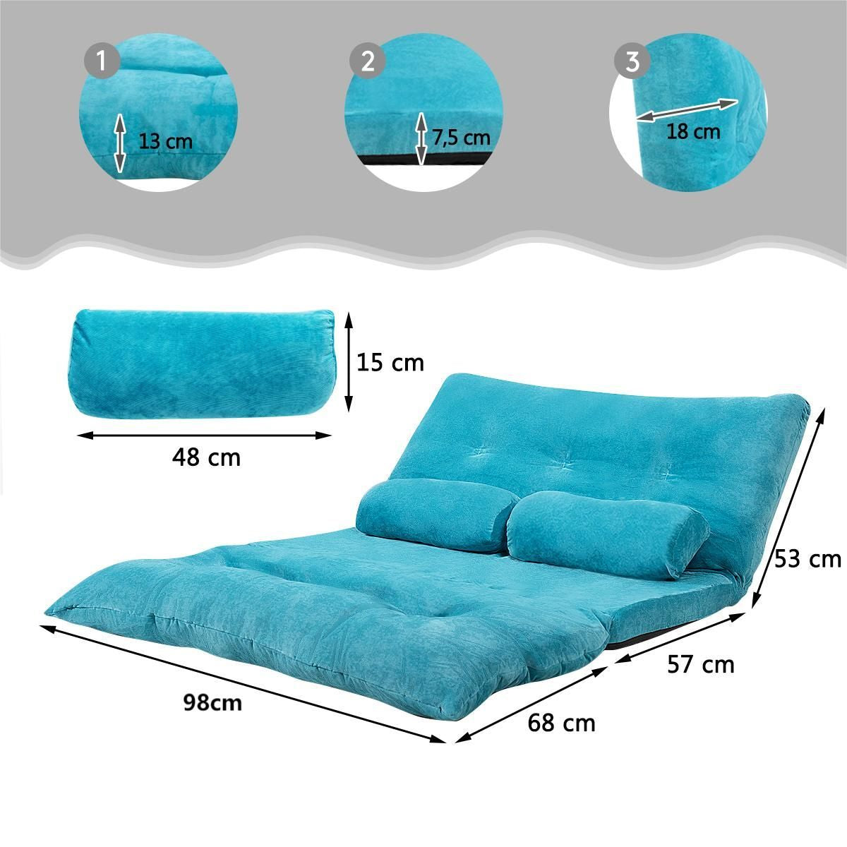 Canapé Convertible 2 Places Réglables À 6 Positions 90-180° Avec 2 Oreillers En Velours Côtelé Pour Salon Chambre Beige/Bleu/Café/Gris