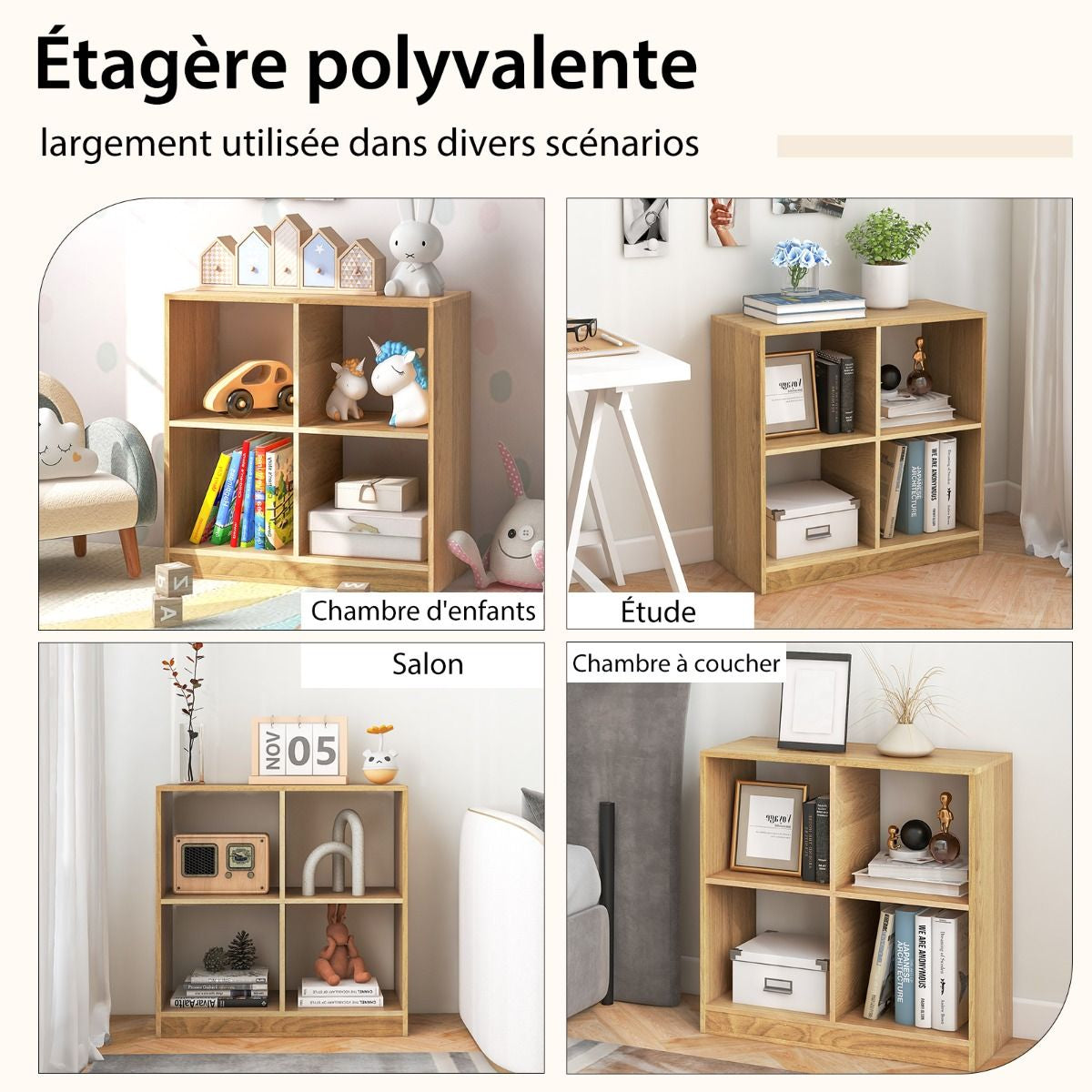 Bibliothèque Étagère Rangement À 3 Niveaux Avec 4 Compartiments Ouverts Meuble Cube De Rangement En Bois 73 X 33 X 73Cm Noir/Blanc/Naturel