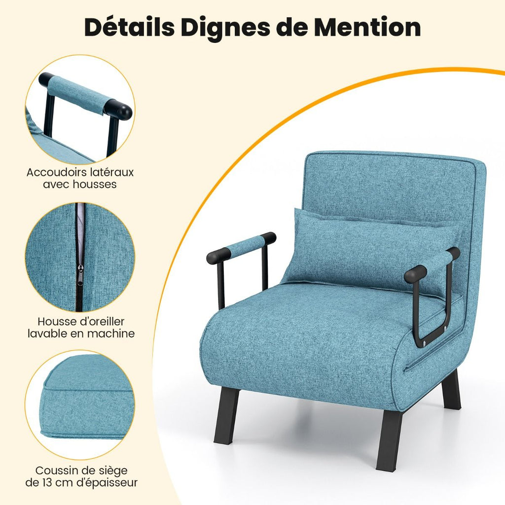 Fauteuil Convertible À Lit 1 Place Fauteuil De Salon 4-En-1 Dossier Réglable En 6 Positions Avec Oreiller 7 Couleurs Au Choix