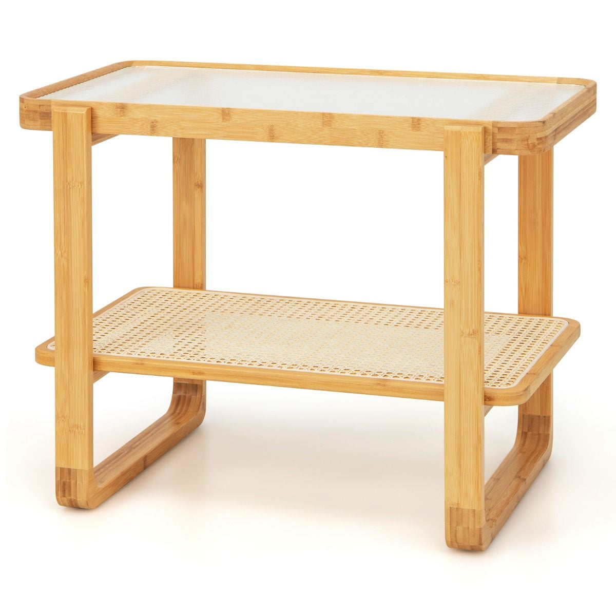 Table D'Appoint En Bambou À 2 Niveaux Plateau En Verre Table De Chevet Table Basse Compacte Pour Chambre Salon Naturel