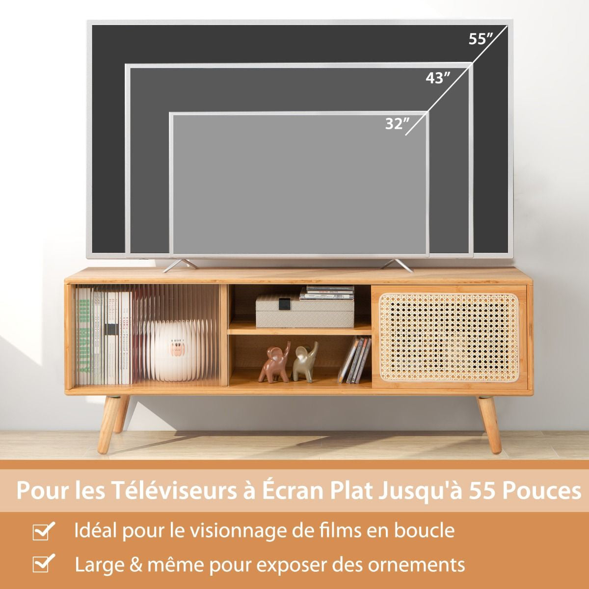Meuble TV En Bambou Avec 4 Compartiments Pour TV 55" Au Max Banc TV À 4 Pieds En Bois Massif 2 Portes Coulissantes En Rotin Et Verre Trempé 120,5X31X45,5Cm