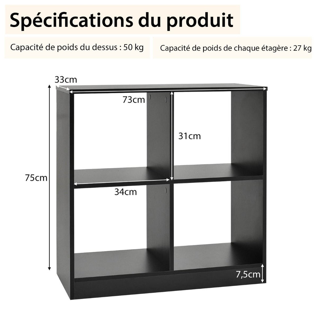 Bibliothèque Étagère Rangement À 3 Niveaux Avec 4 Compartiments Ouverts Meuble Cube De Rangement En Bois 73 X 33 X 73Cm Noir/Blanc/Naturel