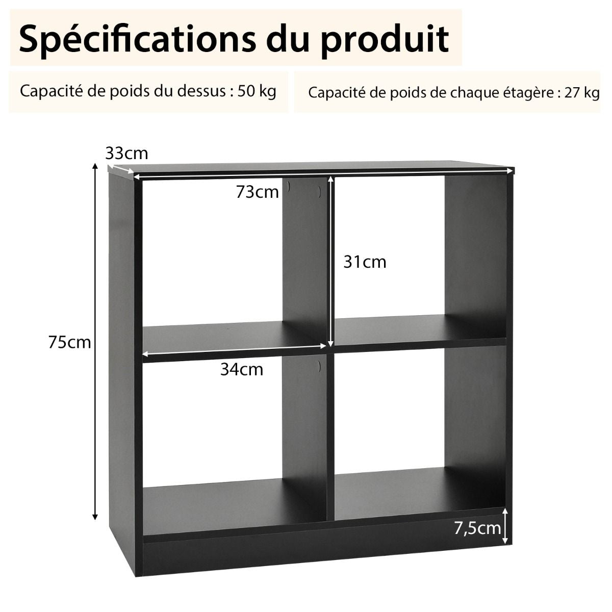 Bibliothèque Étagère Rangement À 3 Niveaux Avec 4 Compartiments Ouverts Meuble Cube De Rangement En Bois 73 X 33 X 73Cm Noir/Blanc/Naturel